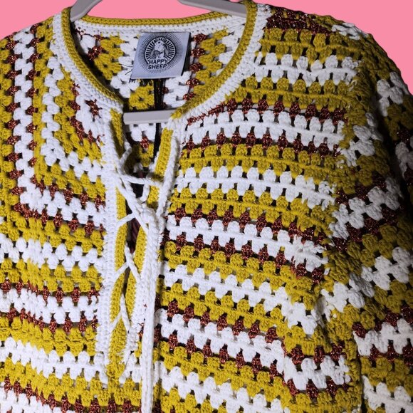 Granny Core Striped Boho‎ Crochet Lace-Up Neck Yellow/White/Brown Small Sweater - Picture 5 of 5